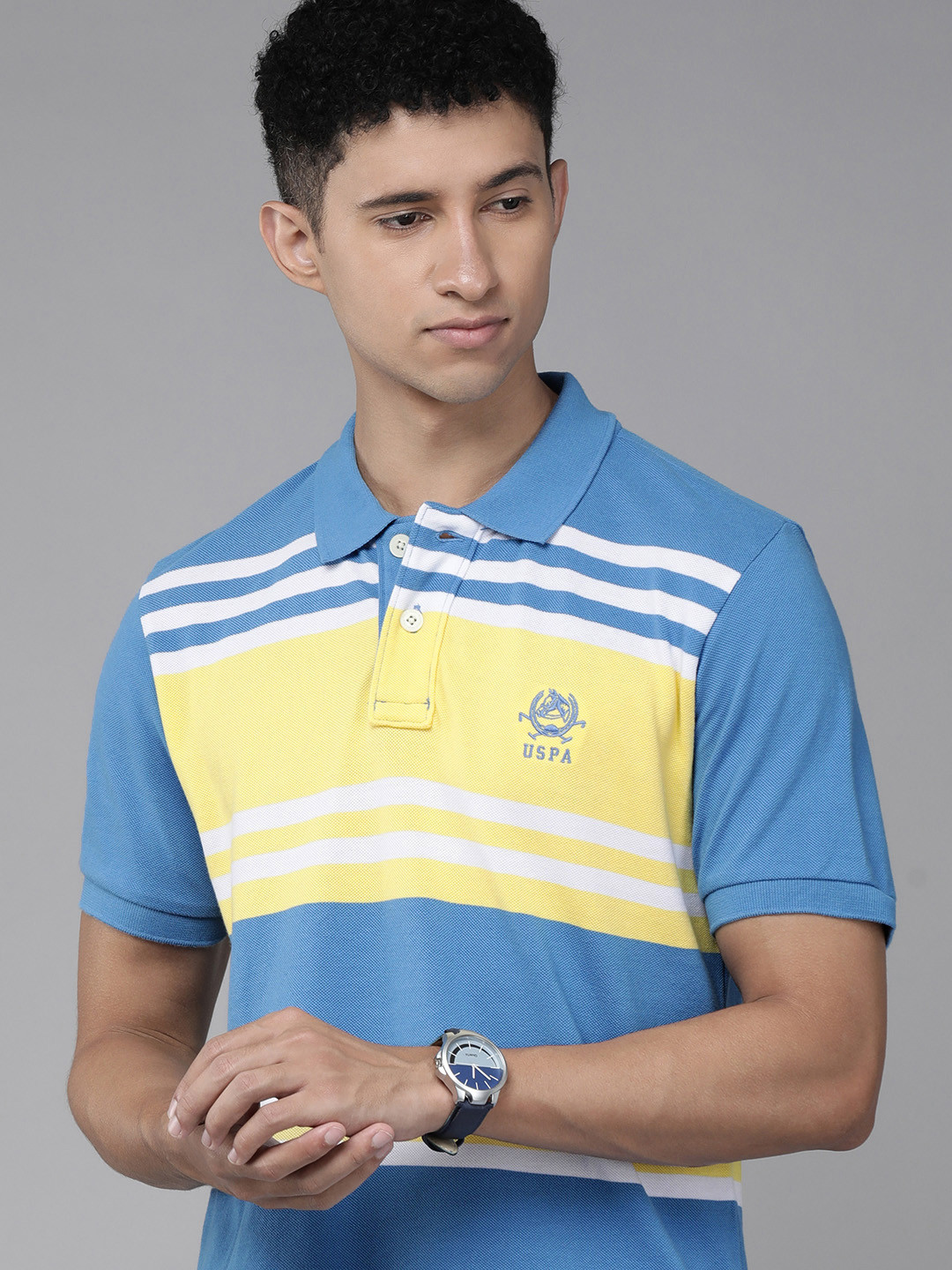 

U S Polo Assn Men Blue & White Striped Polo Collar Pure Cotton T-shirt