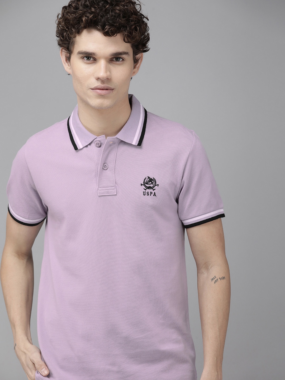 

U S Polo Assn Men Lavender Polo Collar Pure Cotton T-shirt