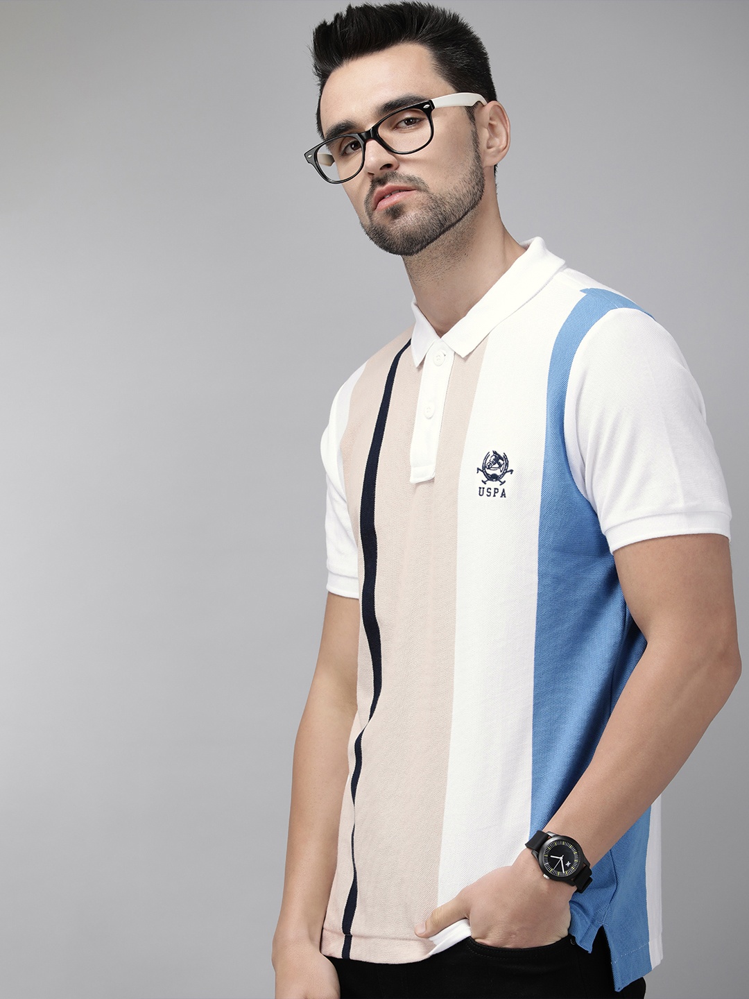 

U S Polo Assn Men Off White & Blue Colourblocked Polo Collar Pure Cotton T-shirt
