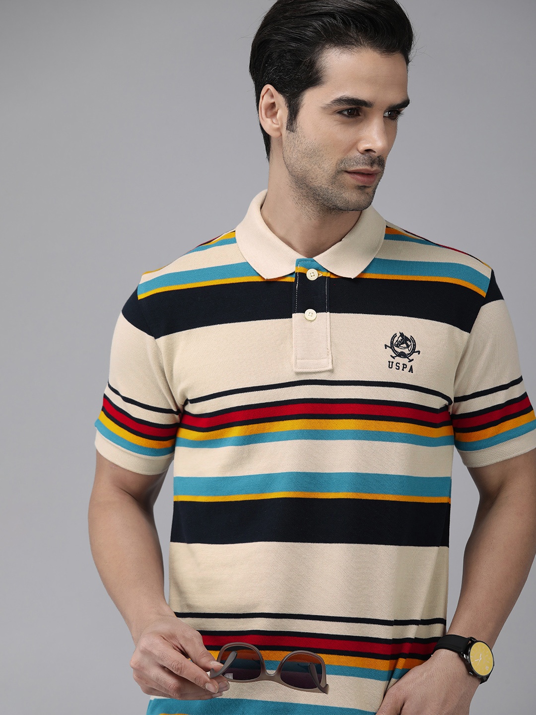 

U S Polo Assn Men Beige & Multicoloured Striped Polo Collar Casual T-shirt