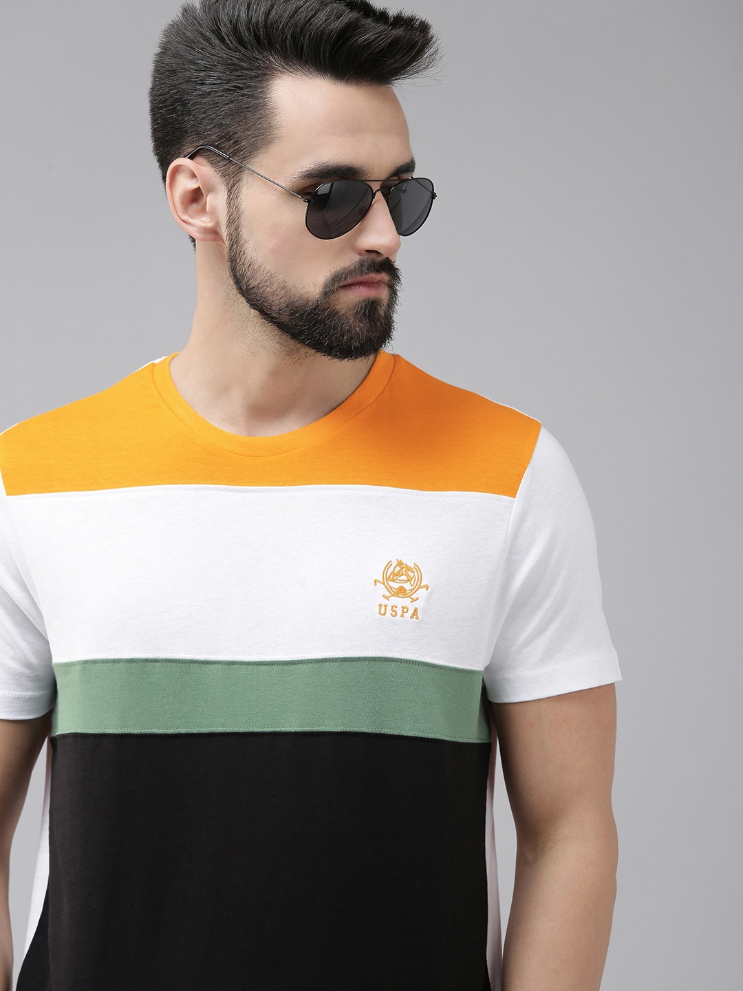 

U S Polo Assn Men Black & White Colourblocked Pure Cotton T-shirt