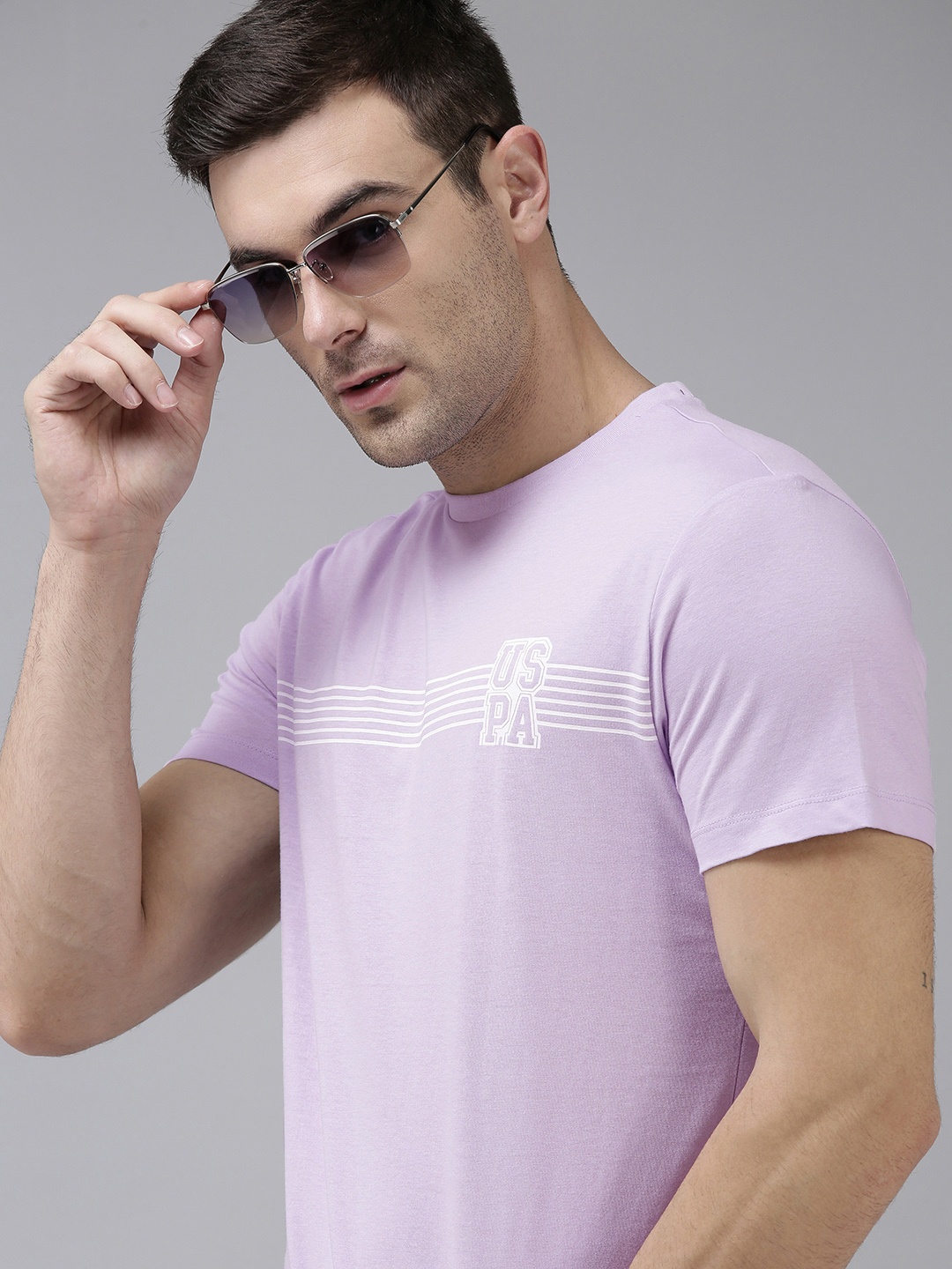 

U S Polo Assn Men Lavender & White Striped Pure Cotton T-shirt