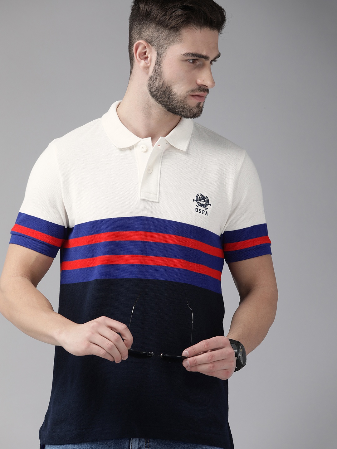

U S Polo Assn Men White & Navy Blue Colourblocked Polo Collar Pure Cotton T-shirt