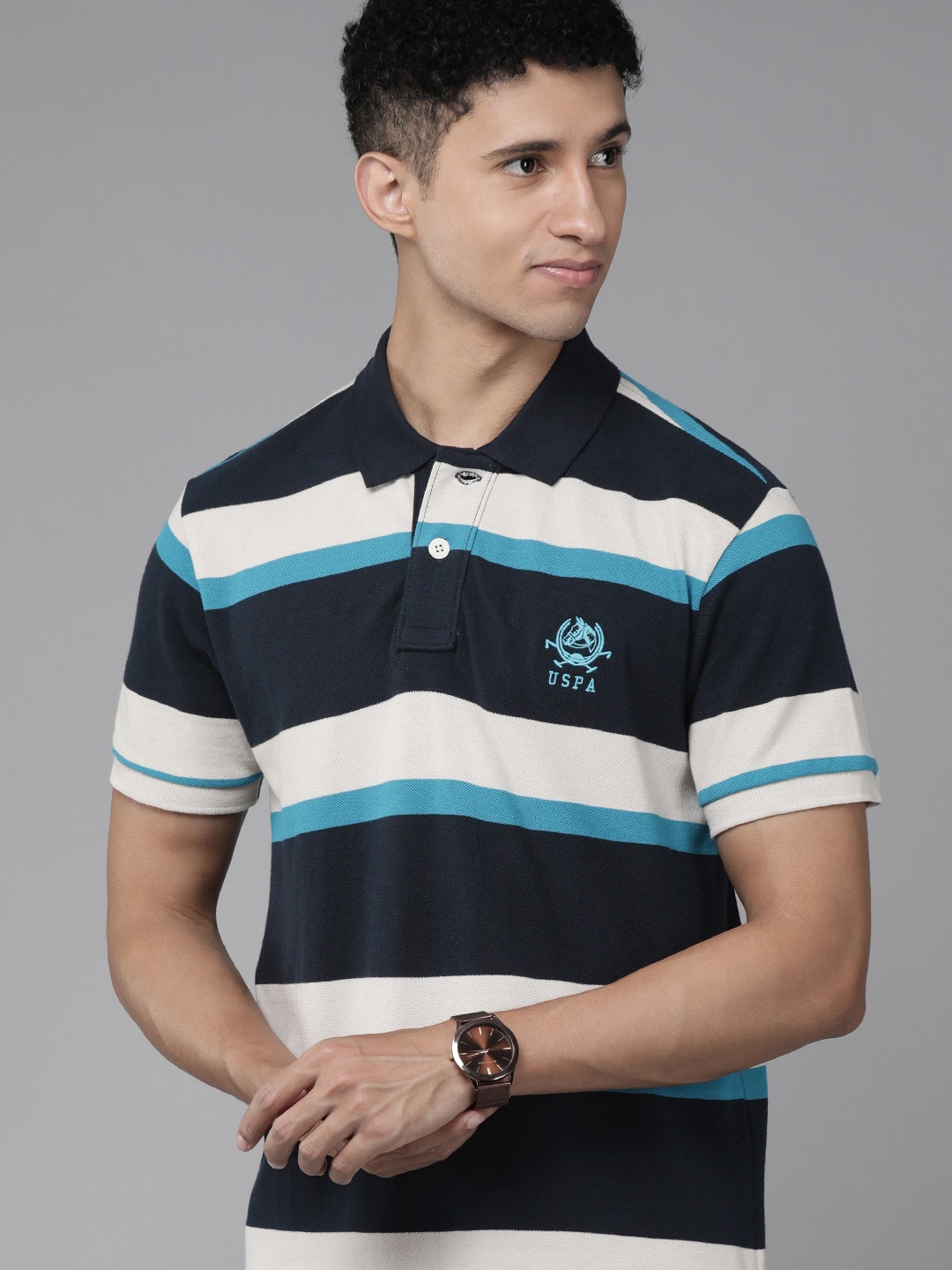 

U S Polo Assn Men Navy Blue & Off White Striped Polo Collar Pure Cotton T-shirt