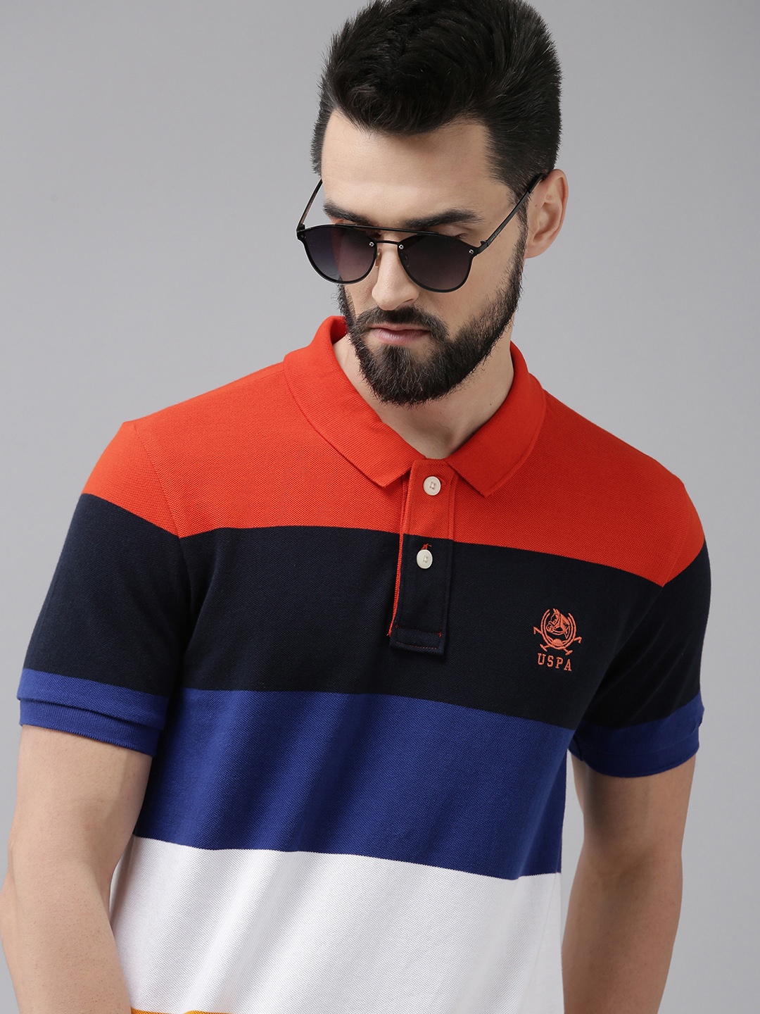 

U S Polo Assn Men Orange & Navy Blue Colourblocked Polo Collar Casual T-shirt