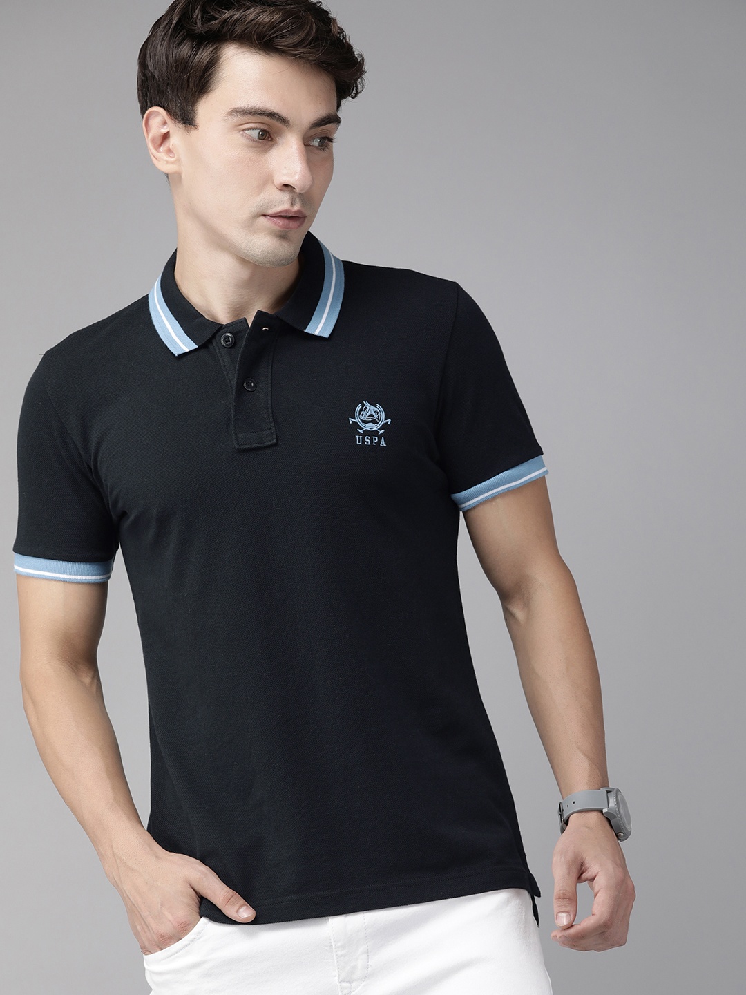 

U S Polo Assn Men Navy Blue Polo Collar Pure Cotton T-shirt