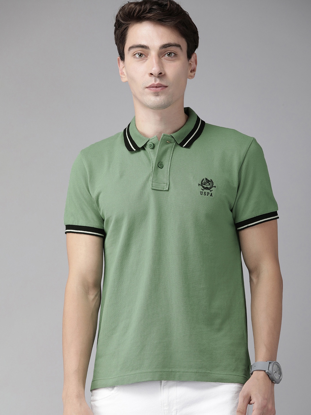 

U S Polo Assn Men Green Polo Collar Pure Cotton T-shirt