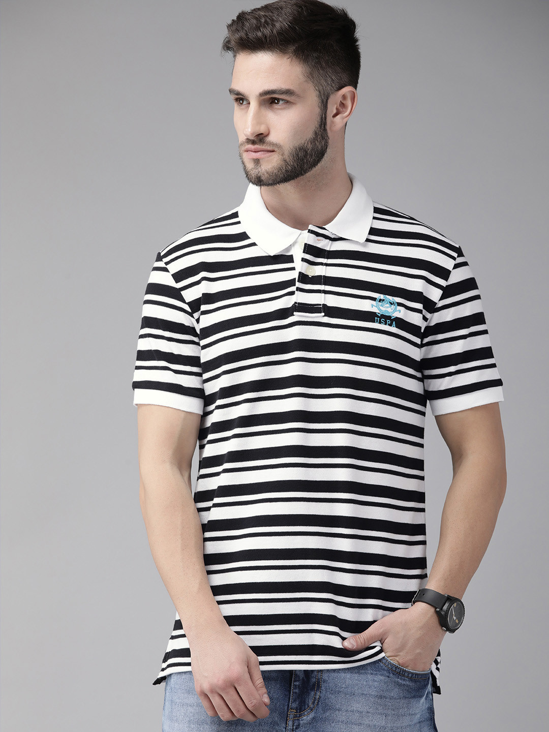 

U S Polo Assn Men Black & White Striped Polo Collar Pure Cotton T-shirt
