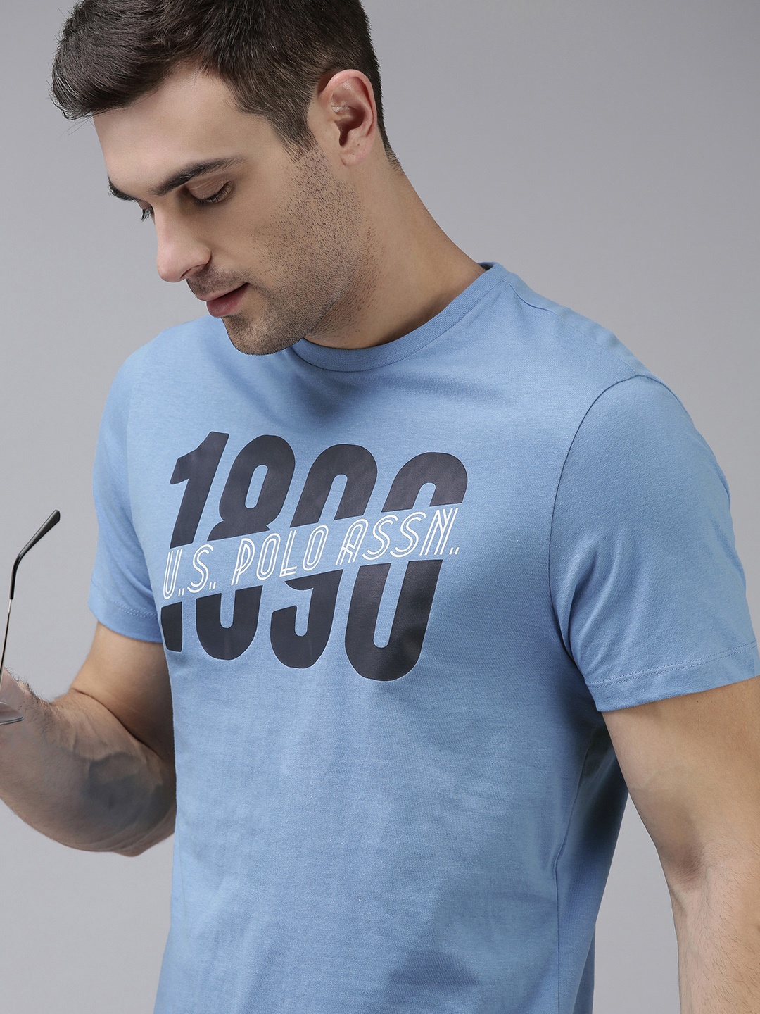 

U S Polo Assn Men Blue Typography Printed Pure Cotton T-shirt