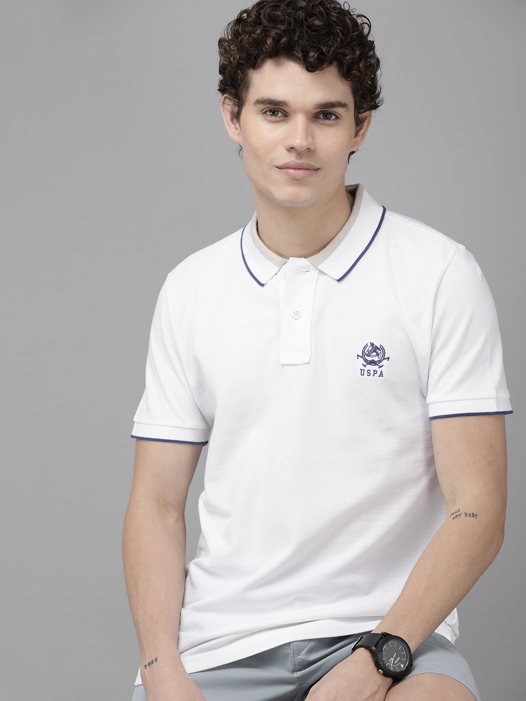 

U S Polo Assn Men White Polo Collar Pure Cotton T-shirt