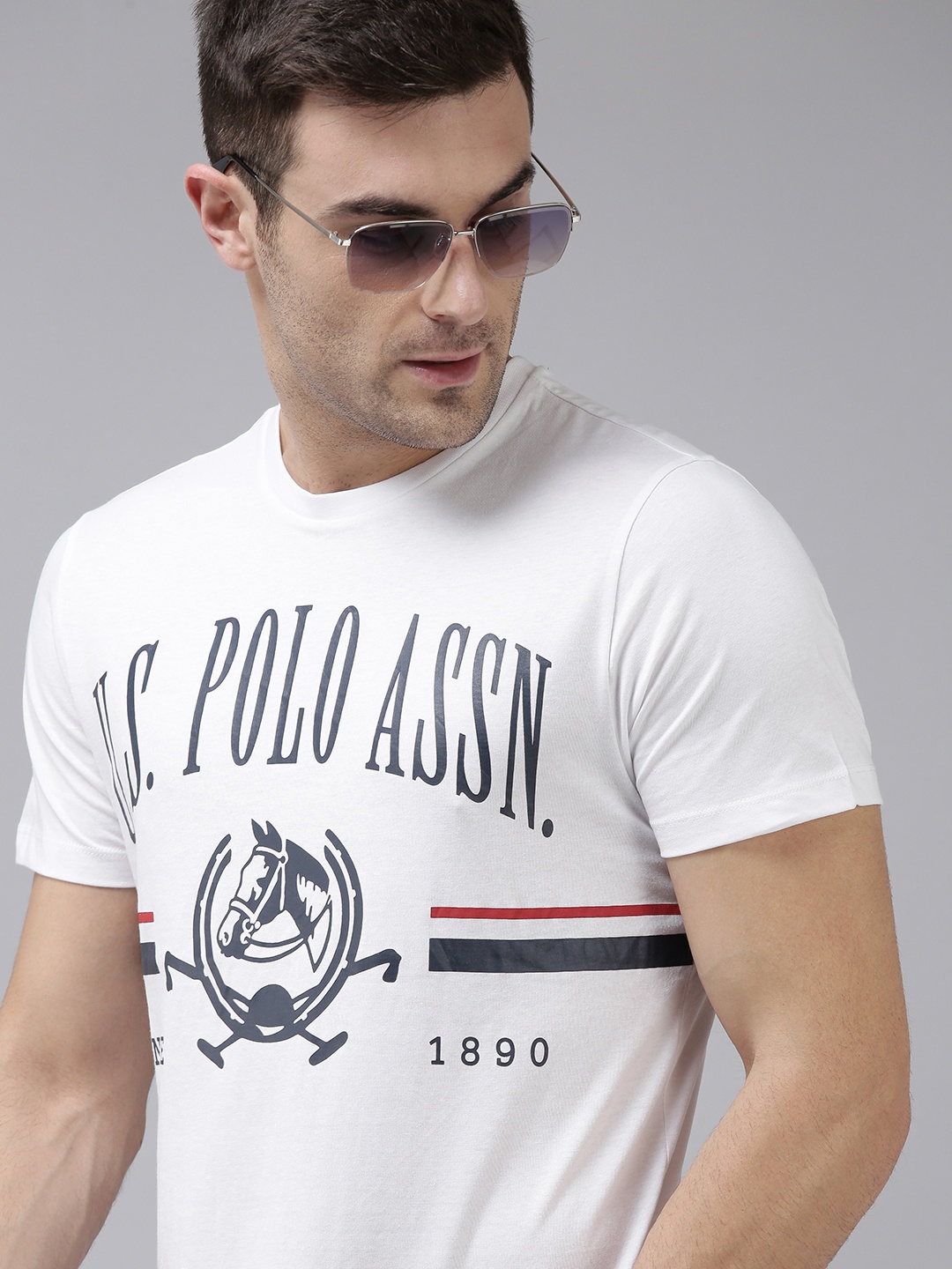 

U S Polo Assn Men White & Navy Blue Brand Logo Printed Pure Cotton T-shirt