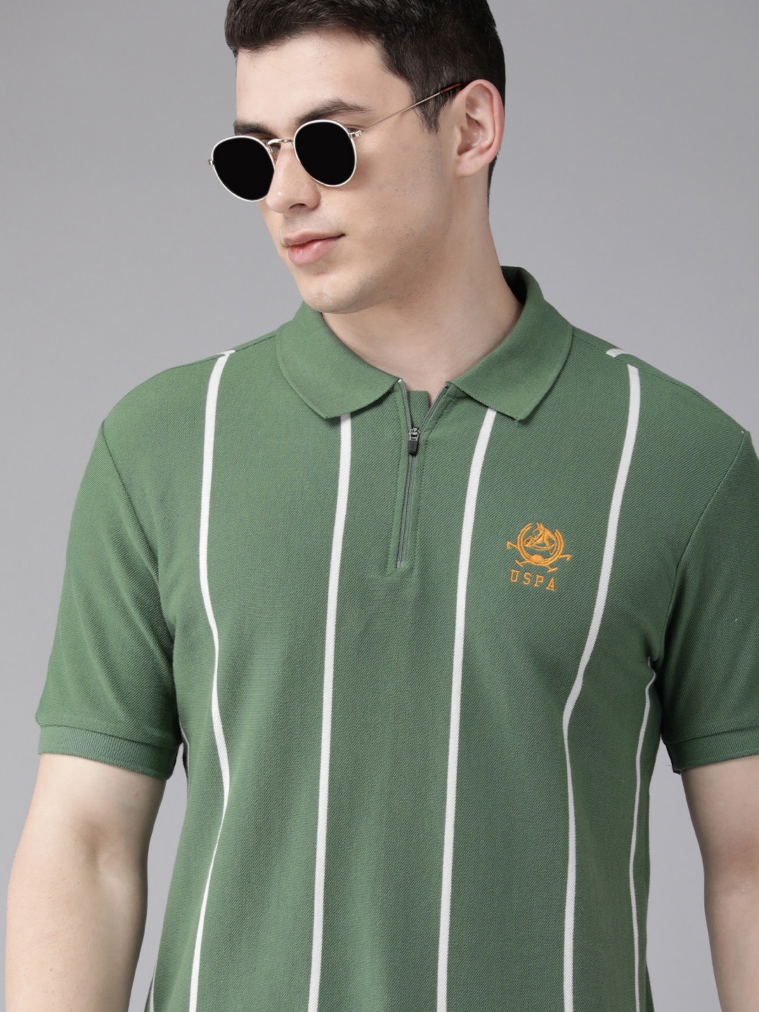 

U S Polo Assn Men Green & White Striped Polo Collar Pure Cotton T-shirt