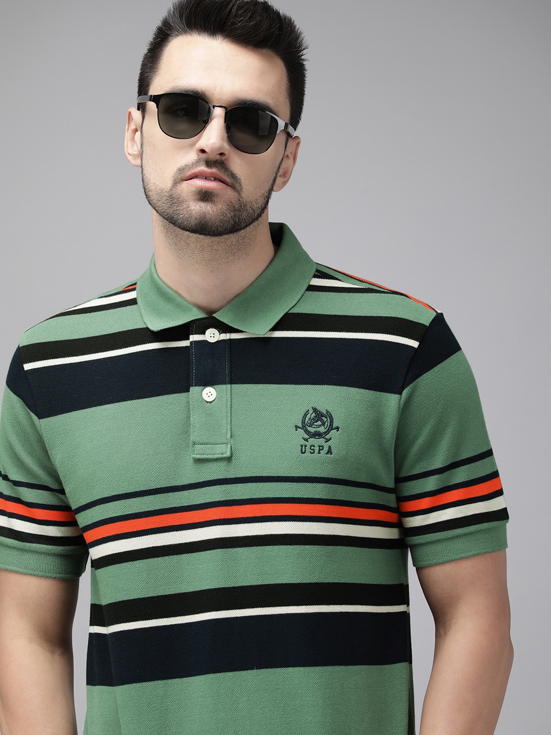 

U S Polo Assn Men Olive Green & Navy Blue Striped Polo Collar Pure Cotton T-shirt