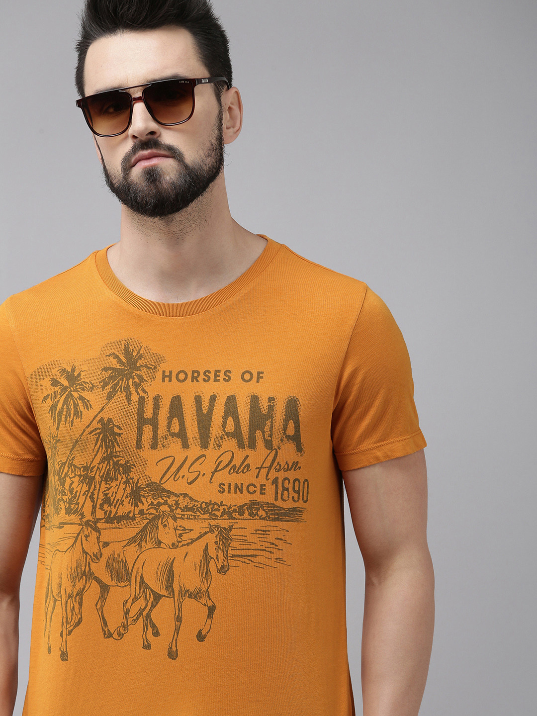 

U.S. Polo Assn. Denim Co. Men Mustard Yellow Pure Cotton T-shirt