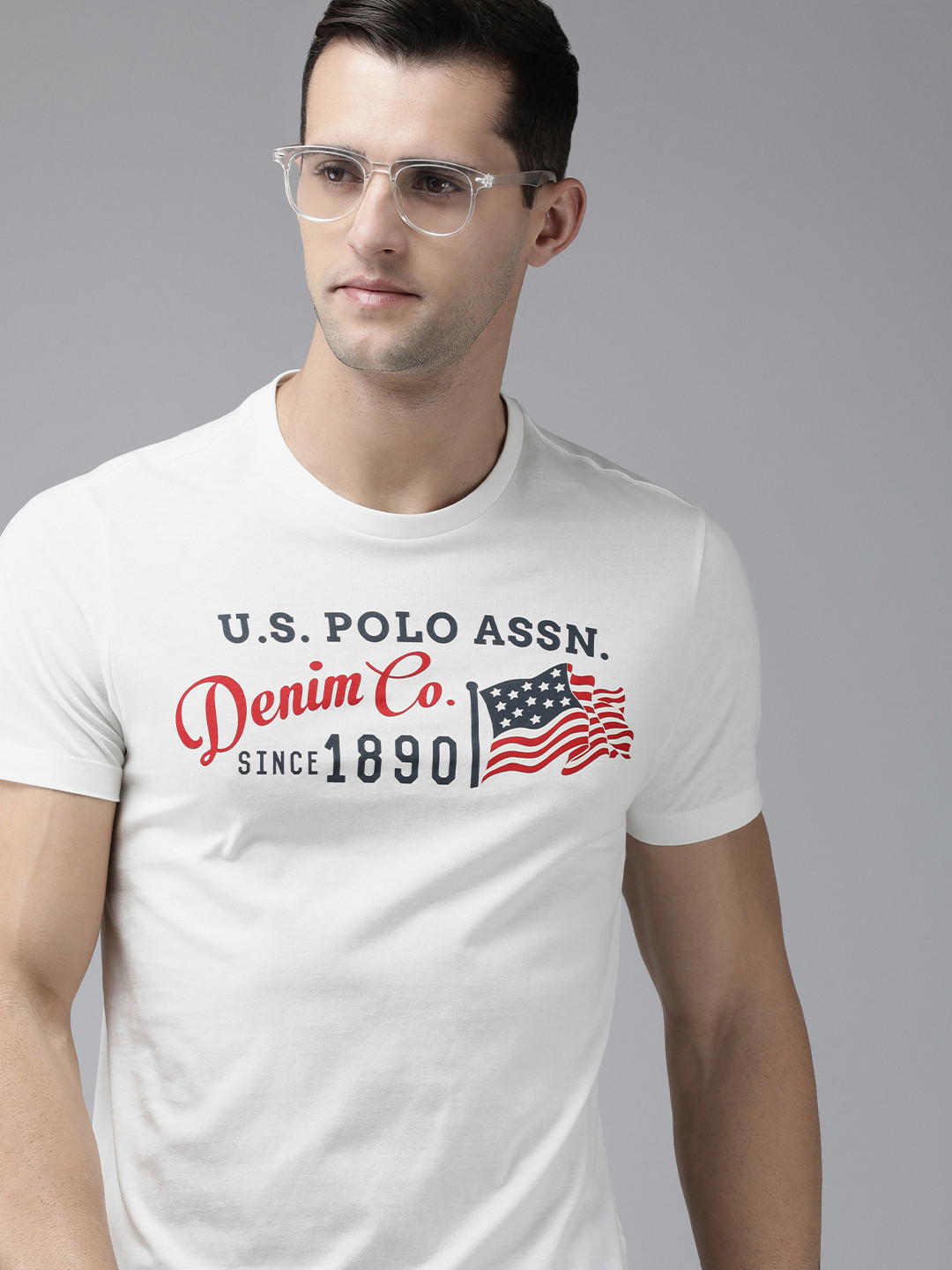 

U.S. Polo Assn. Denim Co. Men Off White Brand Logo Printed Pure Cotton T-shirt