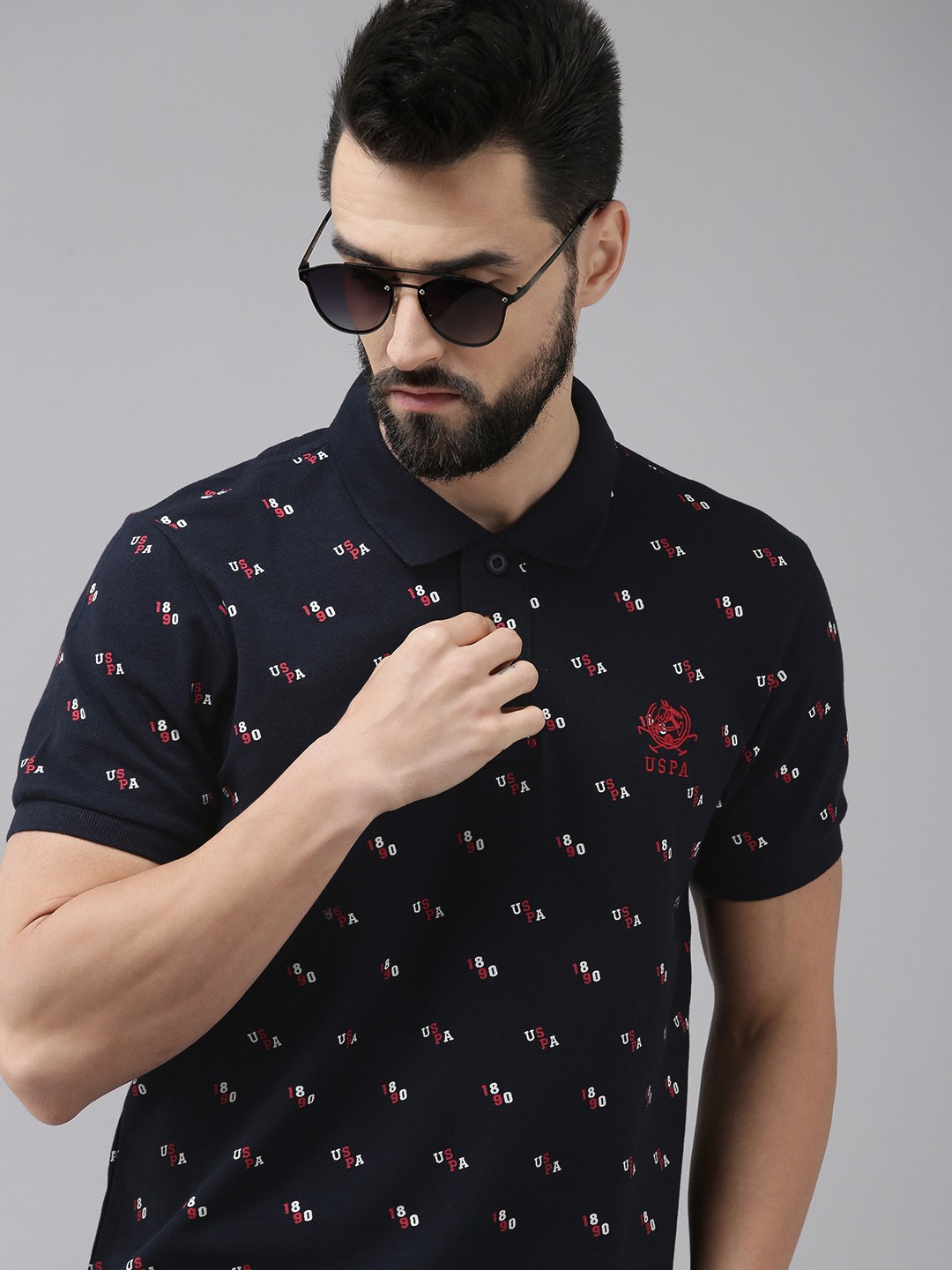 

U.S. Polo Assn. Men Navy Blue Printed Polo Collar Pure Cotton T-shirt