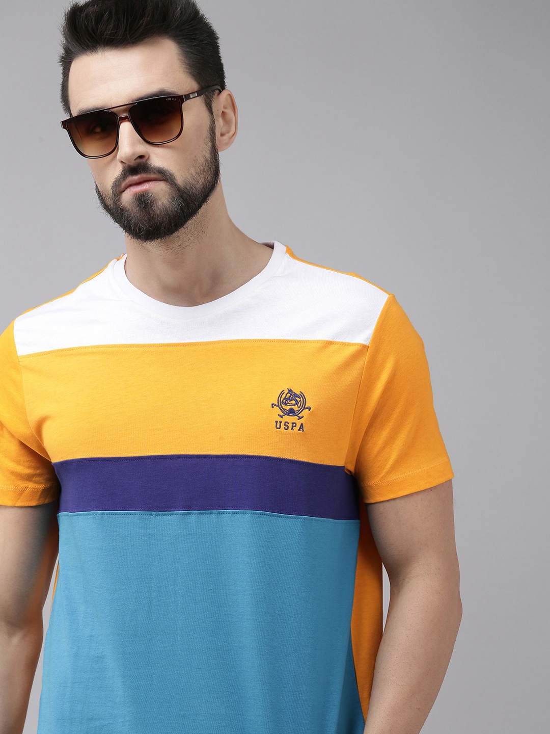 

U S Polo Assn Men Mustard Yellow & White Colourblocked Casual T-shirt