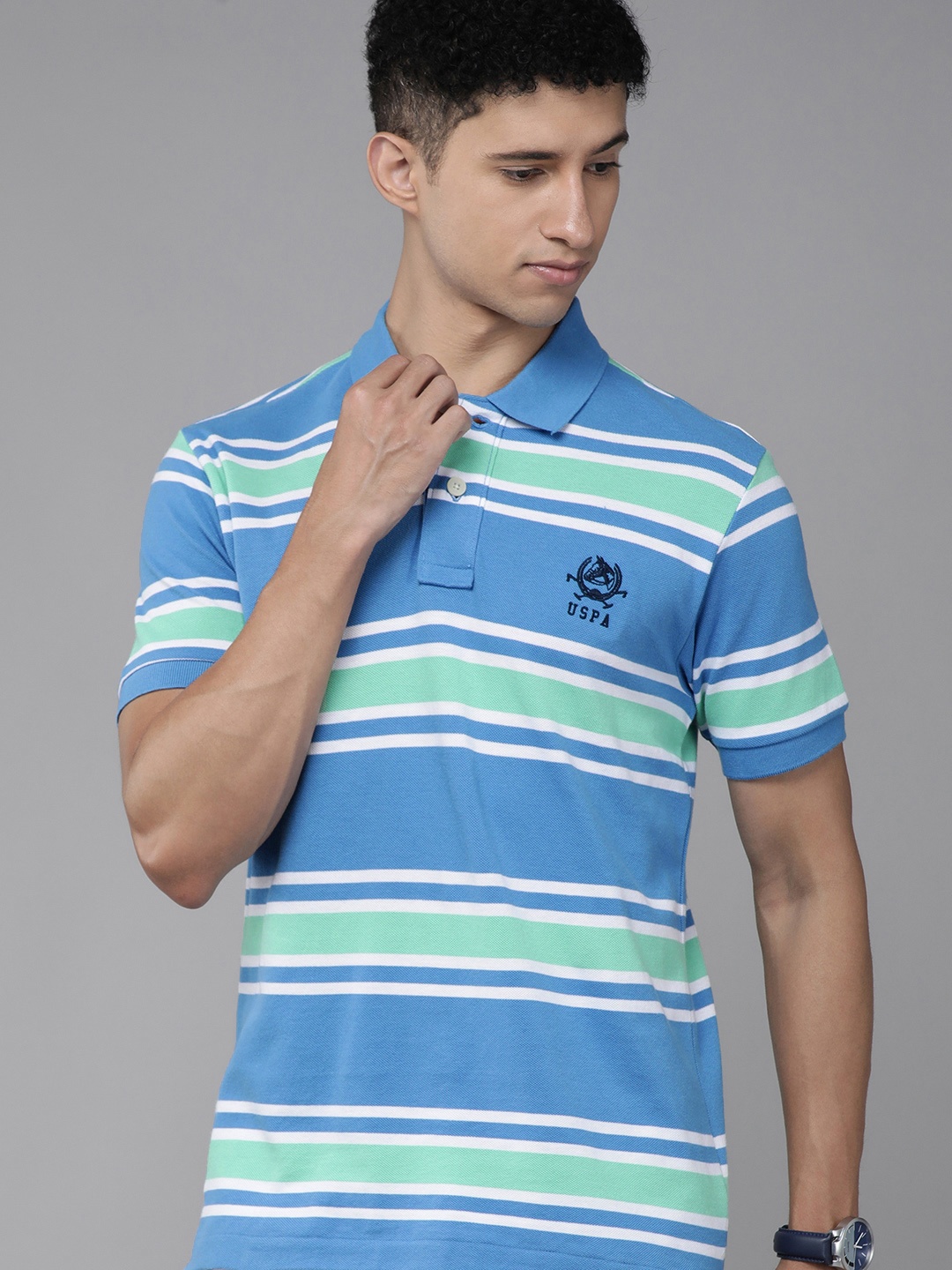 

U S Polo Assn Men Blue & Mint Green Striped Polo Collar Pure Cotton T-shirt