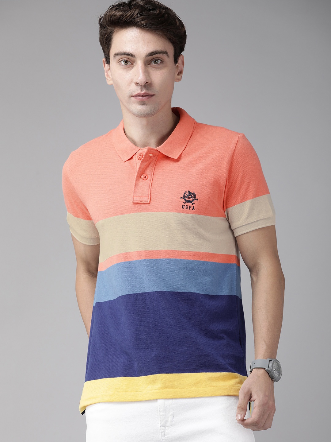 

U S Polo Assn Men Multicoloured Colourblocked Polo Collar Pure Cotton T-shirt, Multi