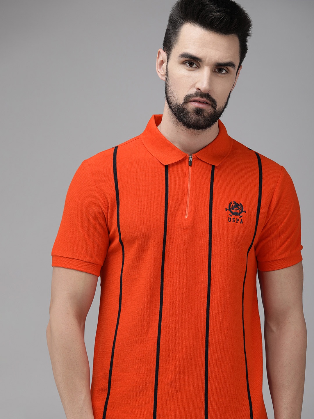 

U S Polo Assn Men Orange & Navy Blue Striped Polo Collar Pure Cotton T-shirt