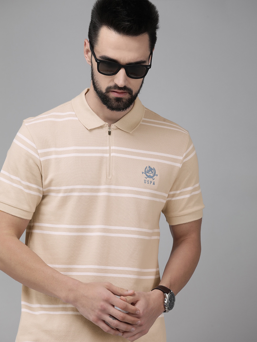 

U S Polo Assn Men Beige & White Striped Polo Collar Pure Cotton T-shirt