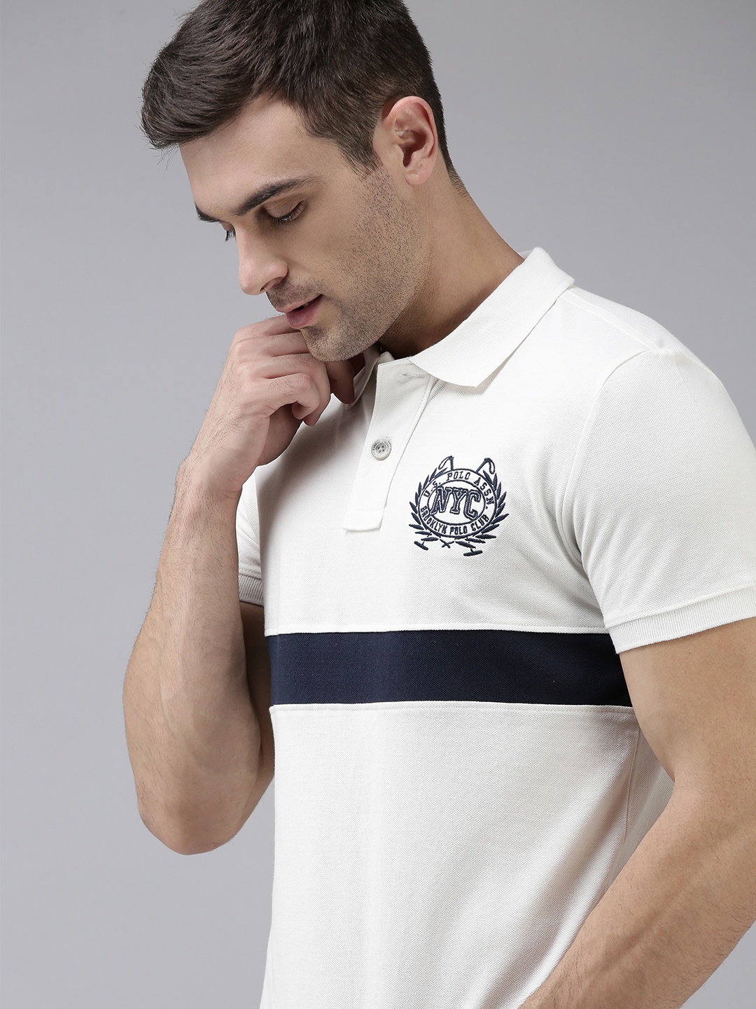 

U.S. Polo Assn. Denim Co. Men White & Blue Striped Polo Collar Pure Cotton T-shirt