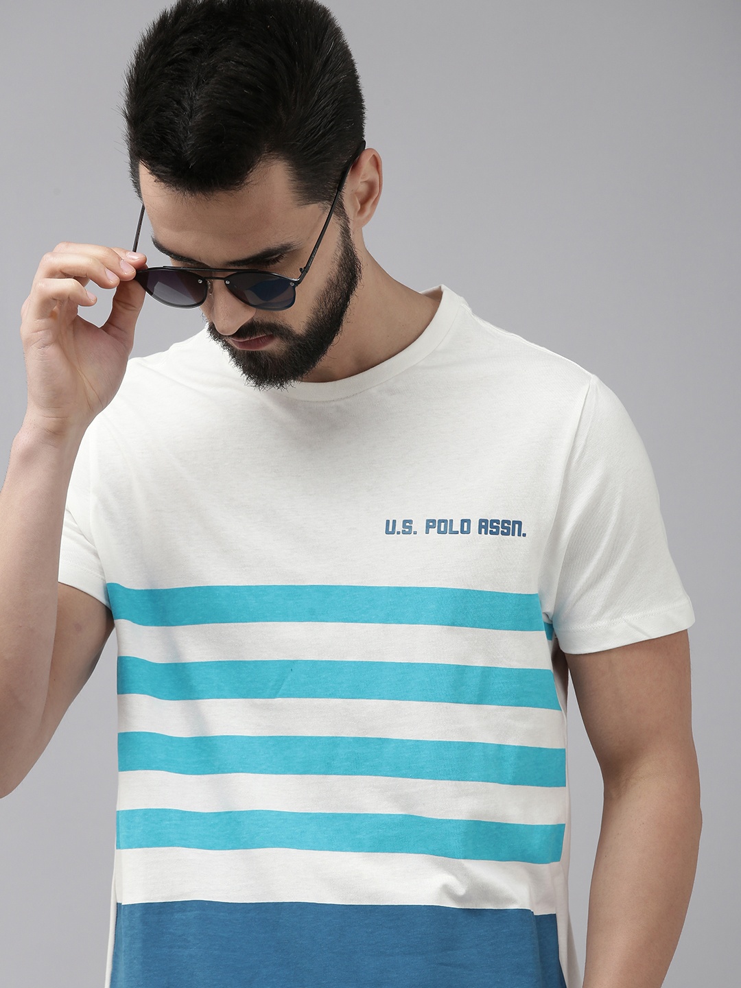 

U.S. Polo Assn. Denim Co. Men Off-White & Blue Striped Pure Cotton T-shirt