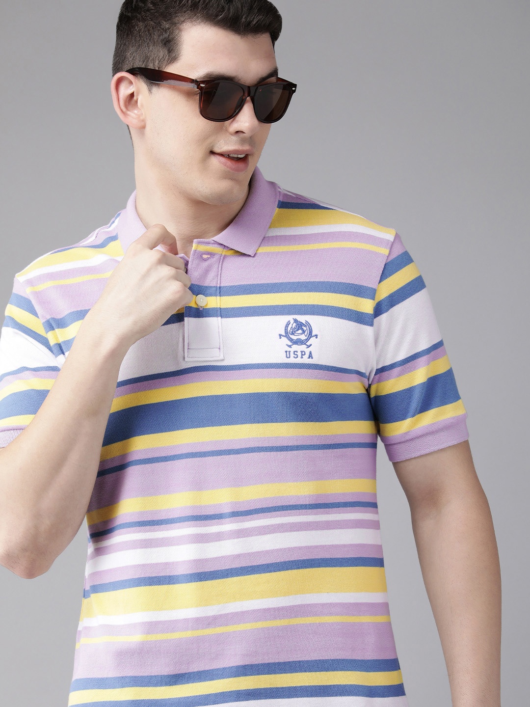 

U S Polo Assn Men Multicoloured Striped Polo Collar Pure Cotton T-shirt, Multi