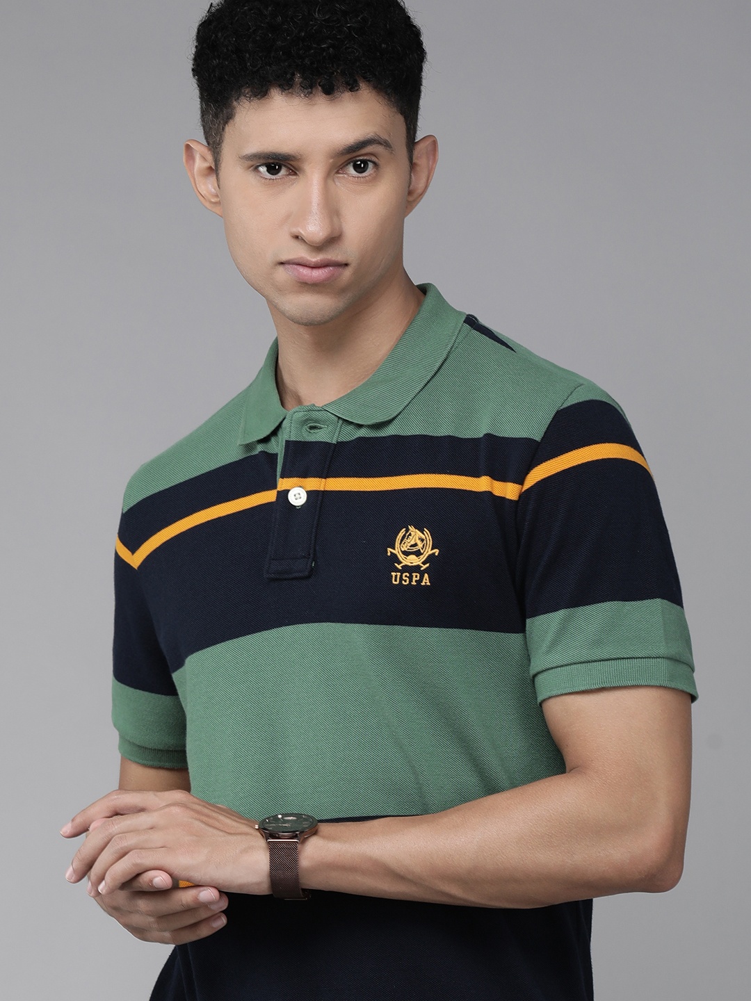 

U S Polo Assn Men Olive Green & Black Colourblocked Polo Collar Pure Cotton T-shirt