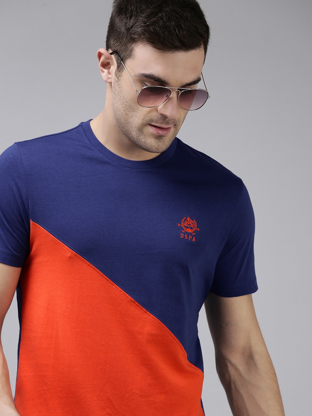 

U S Polo Assn Men Blue & Orange Colourblocked Pure Cotton T-shirt