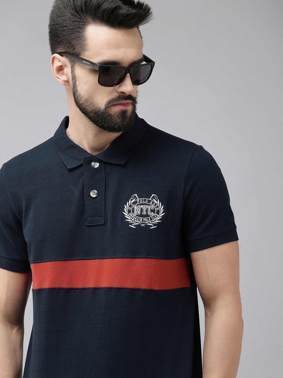 

U.S. Polo Assn. Denim Co. Men Navy Blue Polo Collar Pure Cotton T-shirt