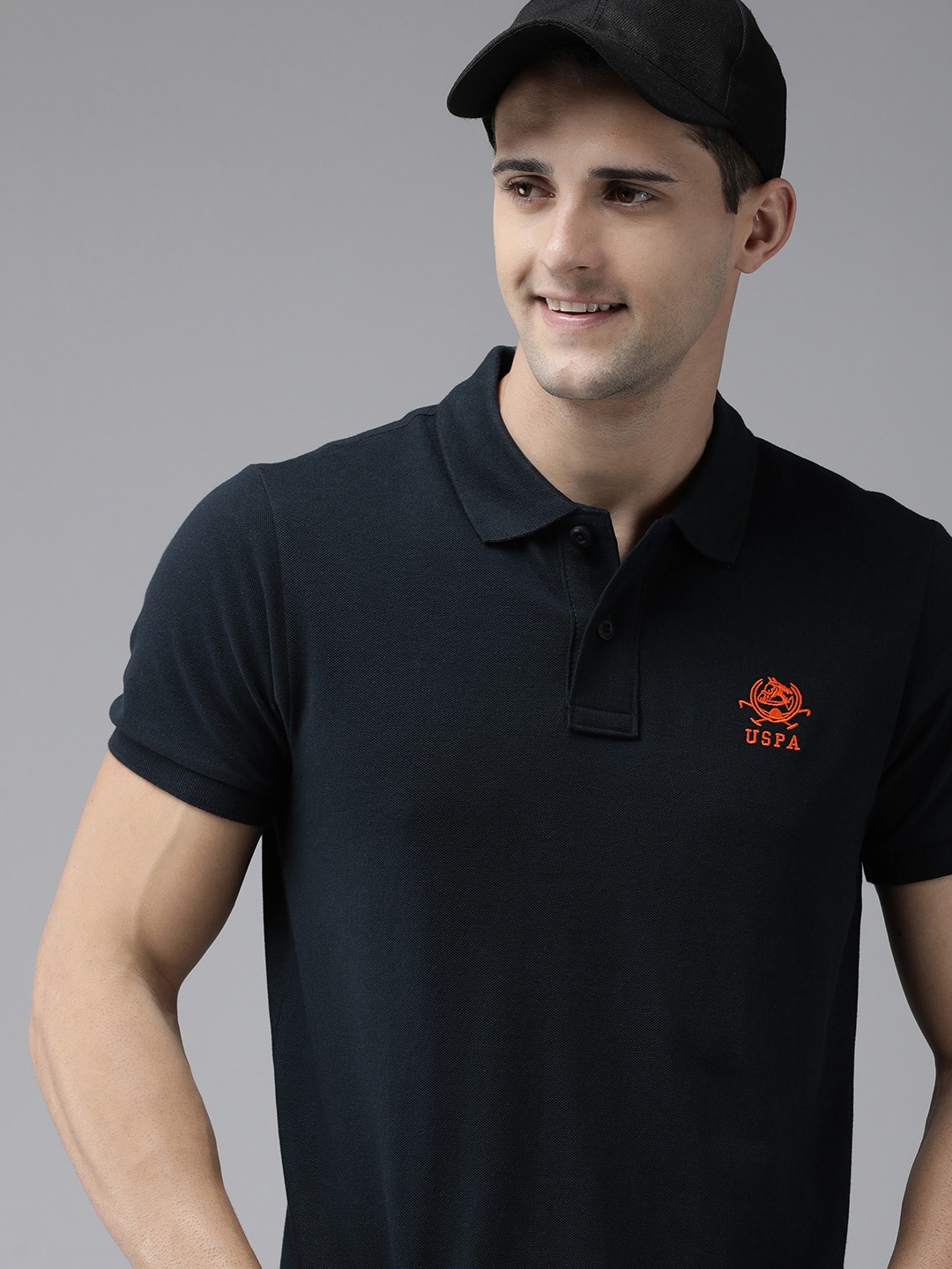 

U S Polo Assn Men Navy Blue Polo Collar Pure Cotton T-shirt