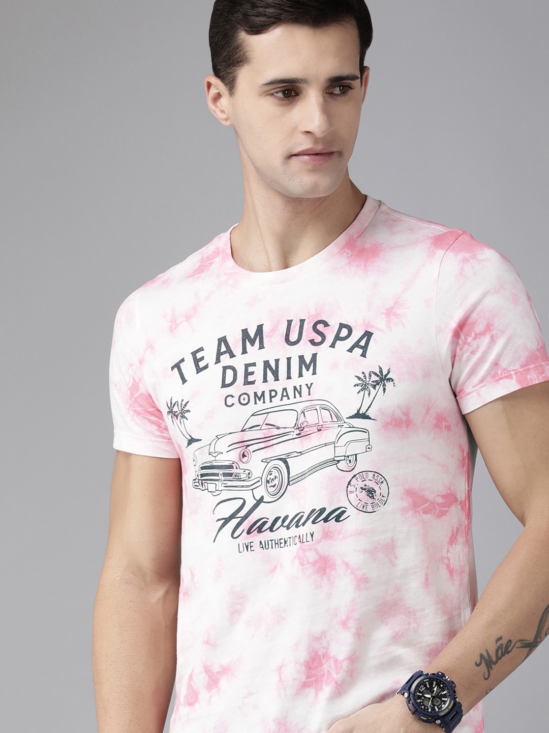 

U.S. Polo Assn. Denim Co. Men White & Pink Brand Logo Printed Pure Cotton T-shirt