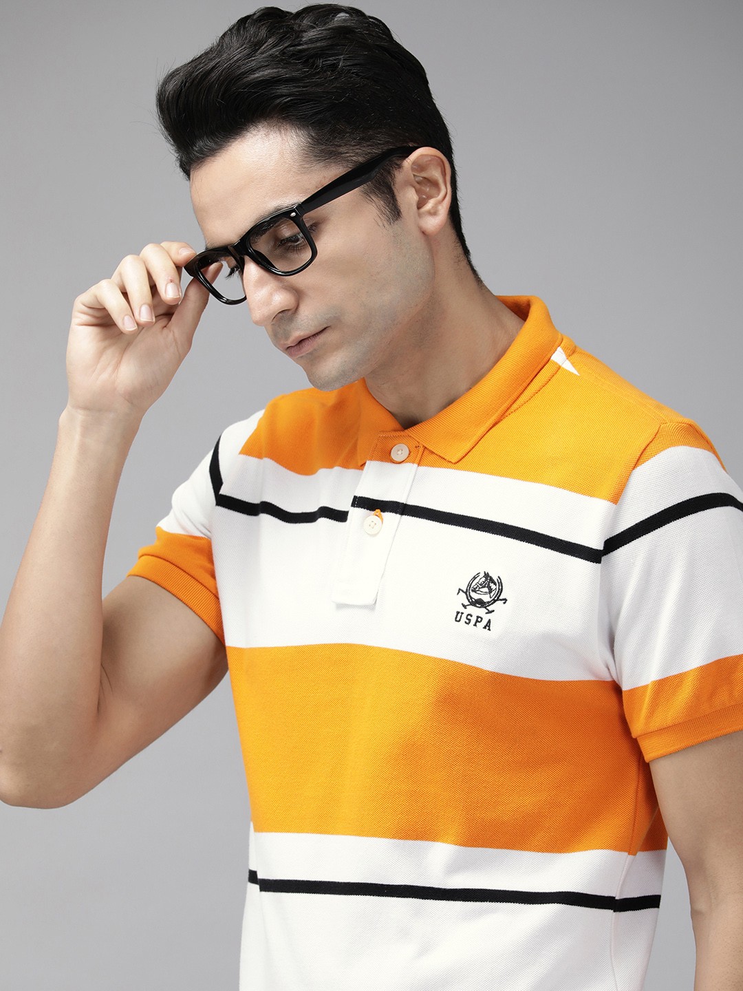 

U S Polo Assn Men Yellow & White Colourblocked Polo Collar Pure Cotton T-shirt