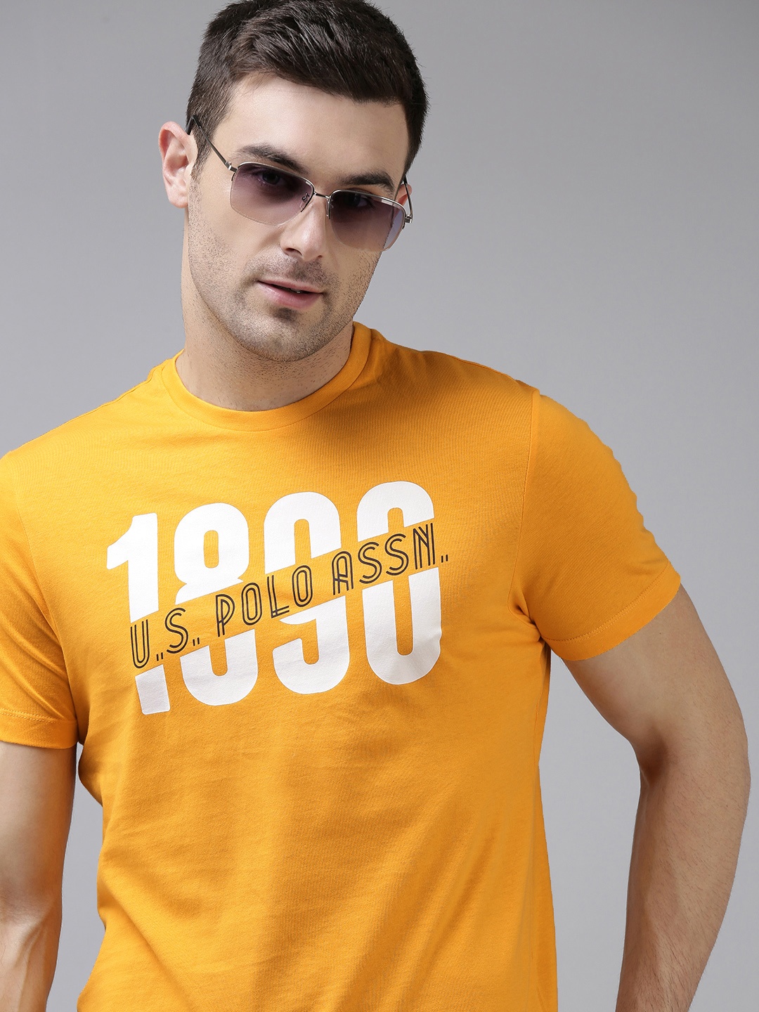 

U S Polo Assn Men Mustard Yellow Typography Printed Pure Cotton T-shirt