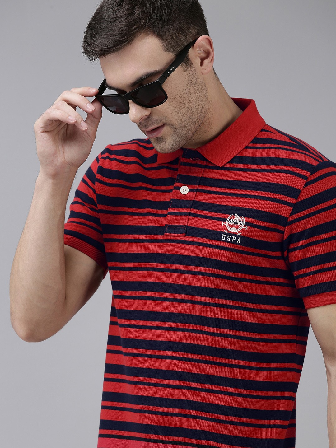 

U S Polo Assn Men Red & Navy Blue Striped Pure Cotton T-shirt