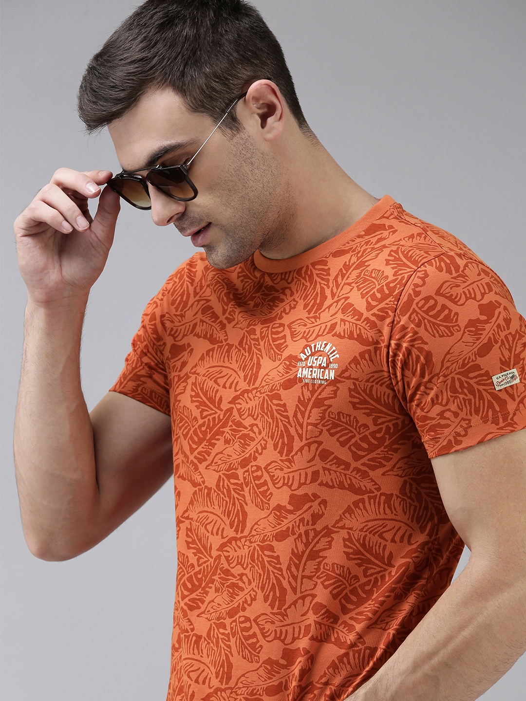 

U.S. Polo Assn. Denim Co. Men Orange & Red Tropical Printed Pure Cotton T-shirt