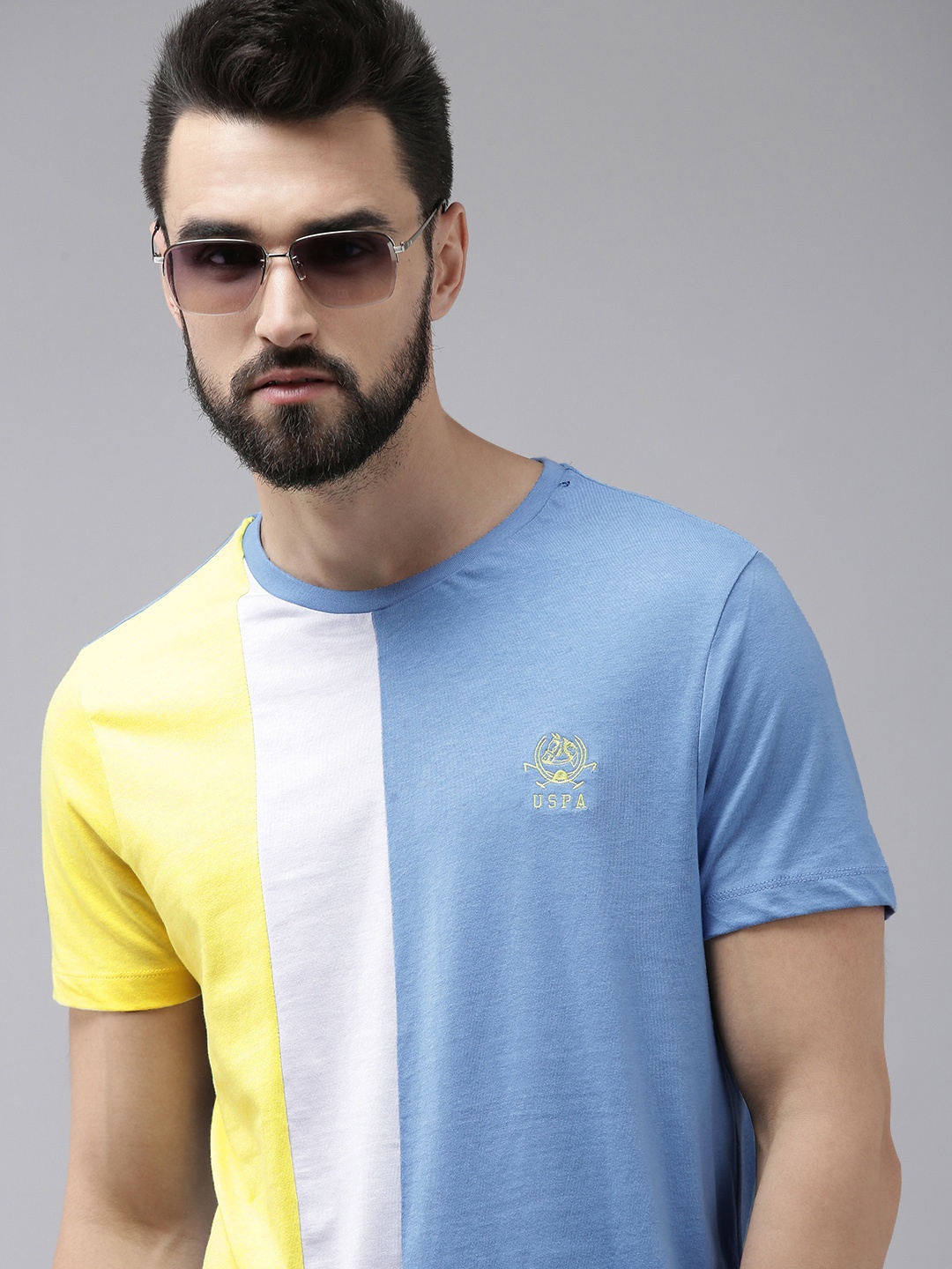 

U S Polo Assn Men Blue & White Colourblocked Pure Cotton T-shirt