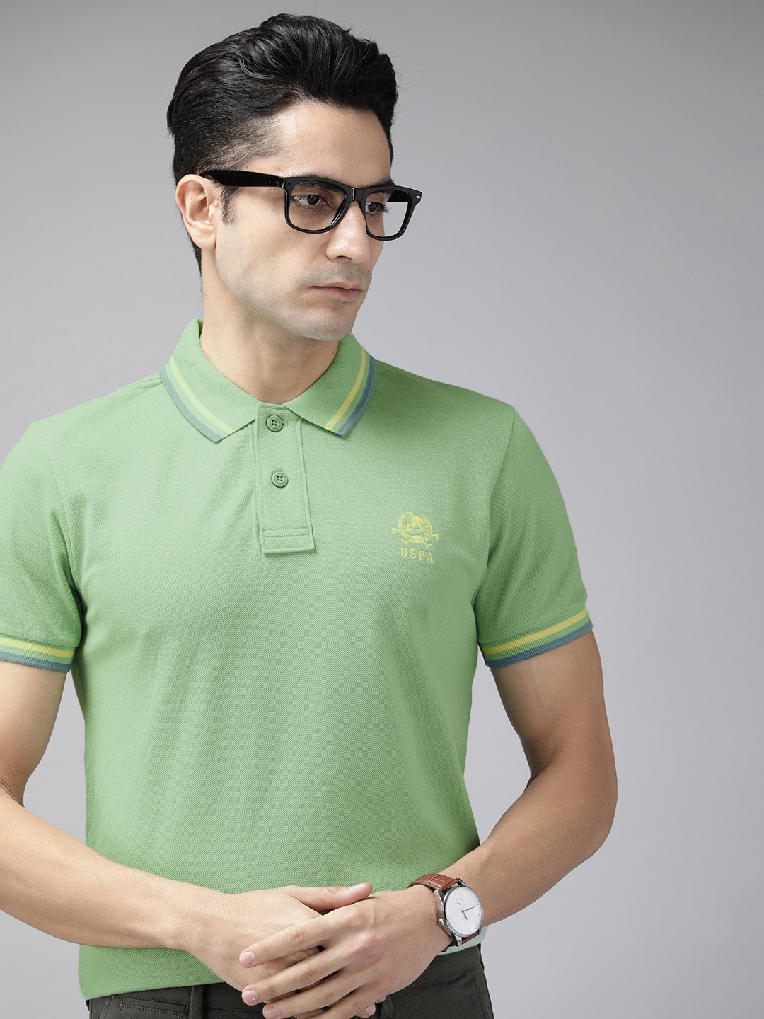 

U S Polo Assn Men Green Polo Collar Pure Cotton T-shirt