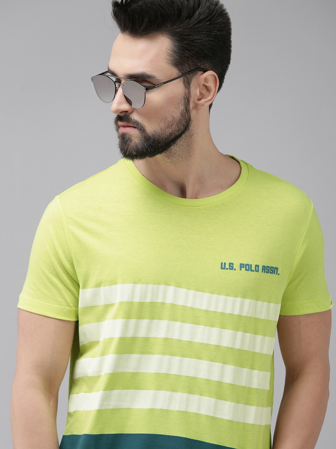 

U.S. Polo Assn. Denim Co. Men Green Striped Pure Cotton T-shirt