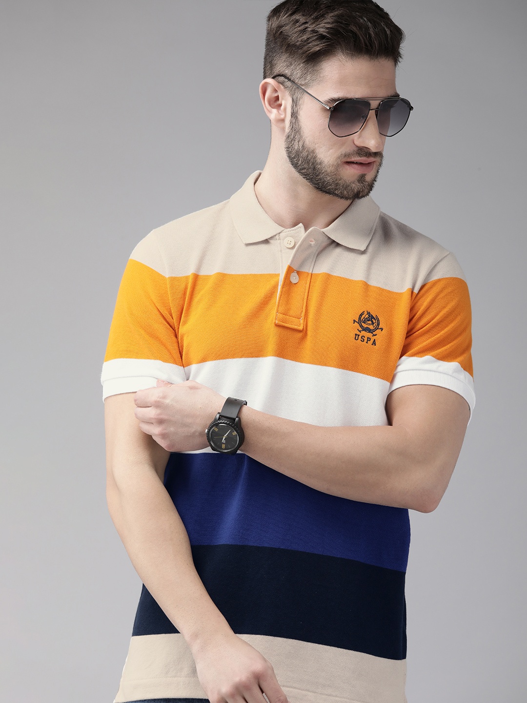 

U S Polo Assn Men Mustard Yellow & Blue Colourblocked Polo Collar Pure Cotton T-shirt