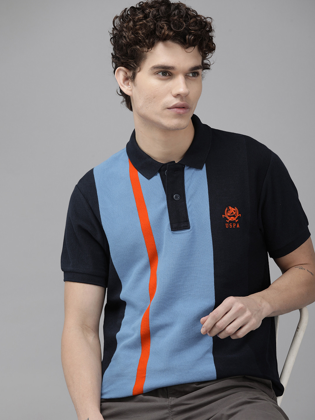 

U S Polo Assn Men Blue Colourblocked Polo Collar Pure Cotton T-shirt
