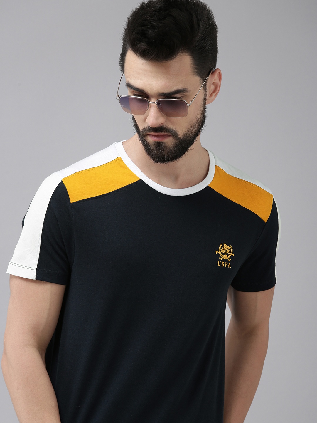 

U S Polo Assn Men Navy Blue & Yellow Brand Logo Printed Pure Cotton T-shirt