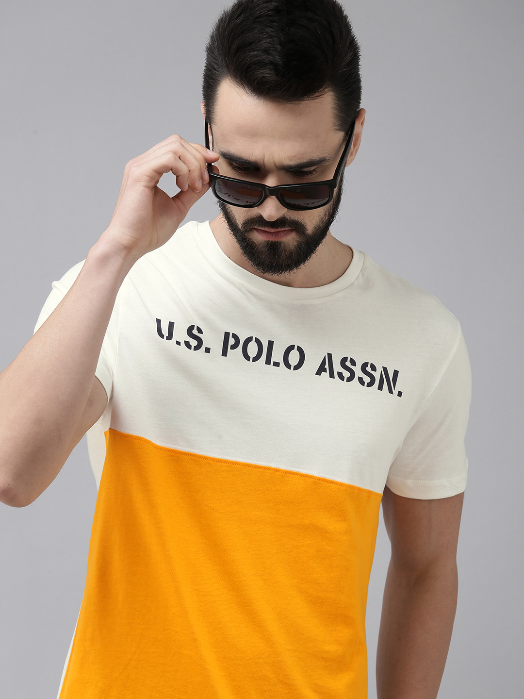 

U S Polo Assn Men White & Yellow Brand Logo Printed Pure Cotton T-shirt