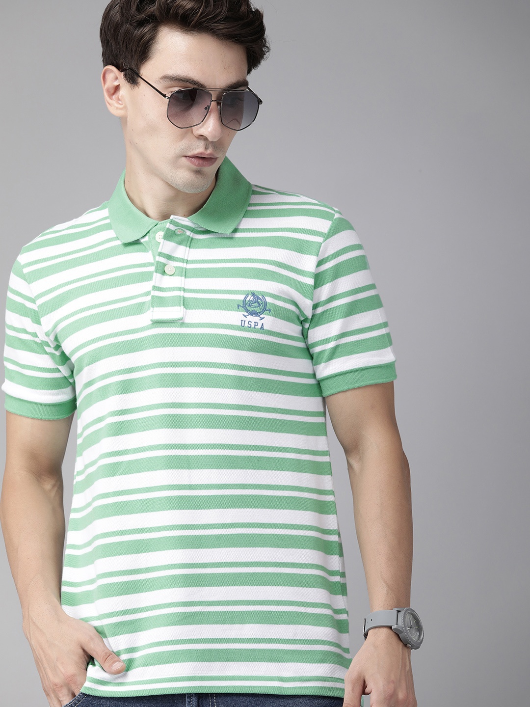 

U S Polo Assn Men Green & White Striped Pure Cotton T-shirt