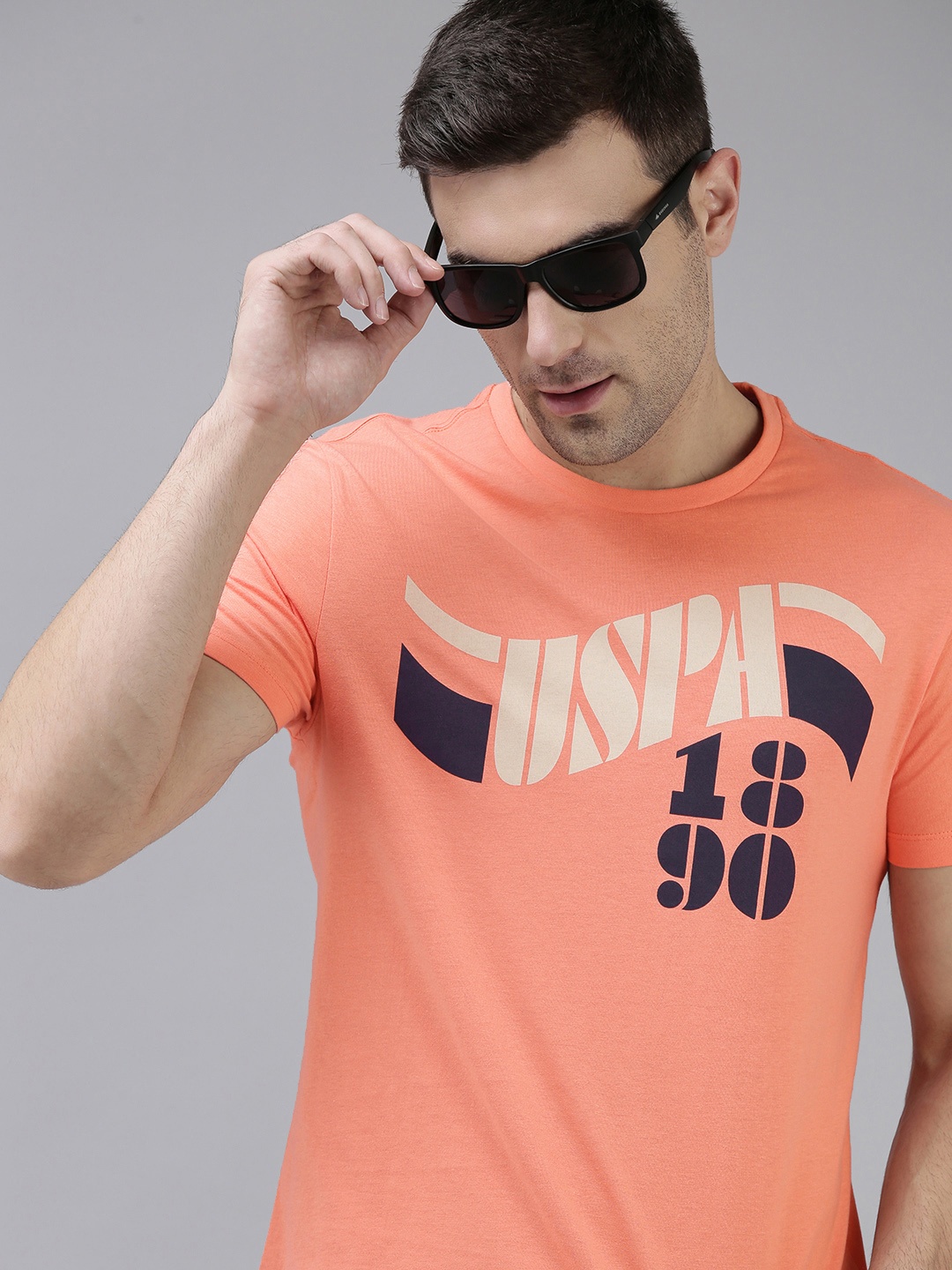 

U.S. Polo Assn. Denim Co. Men Pink Brand Logo Printed Pure Cotton T-shirt
