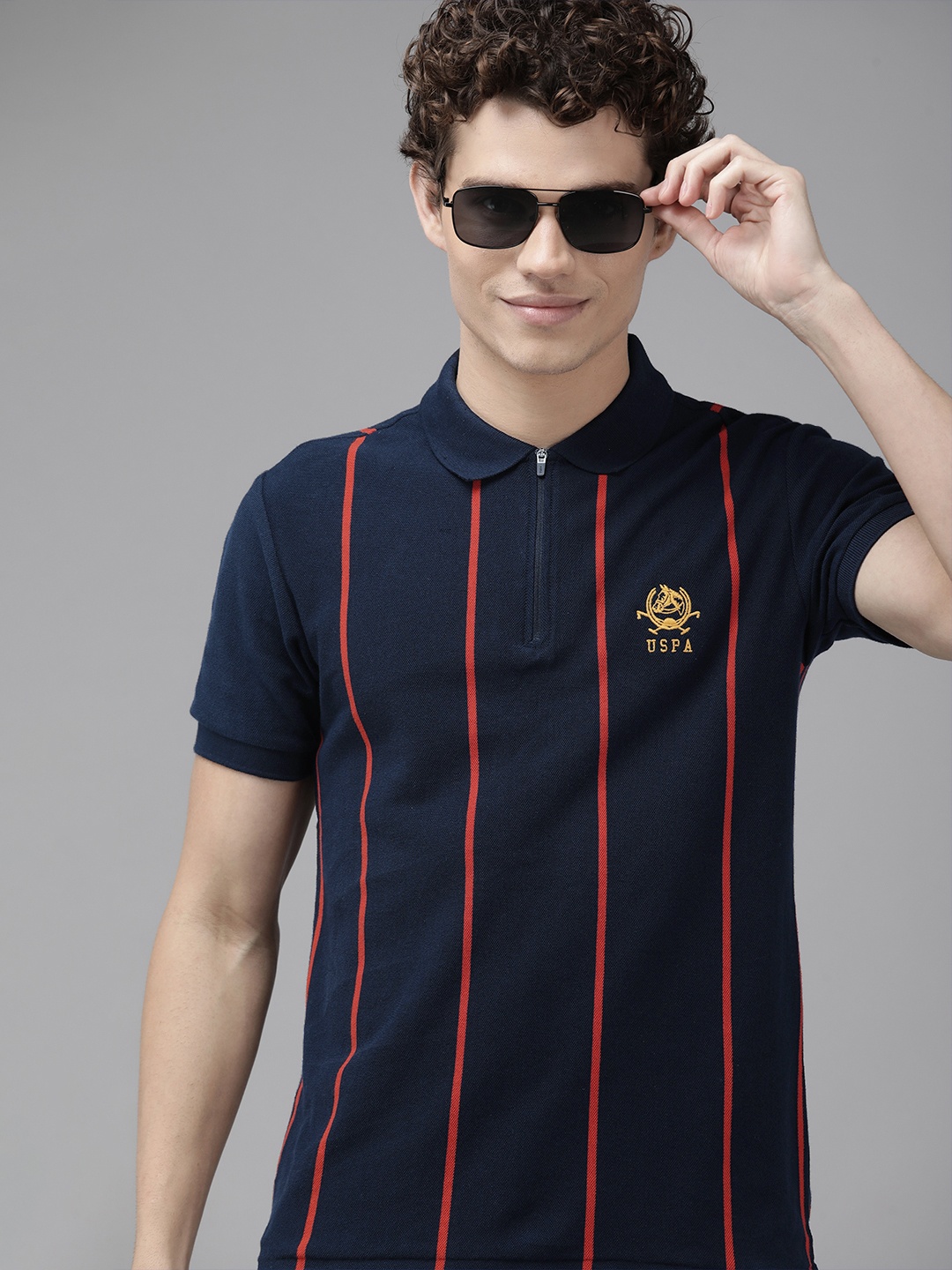 

U S Polo Assn Men Navy Blue & Red Striped Polo Collar Pure Cotton T-shirt
