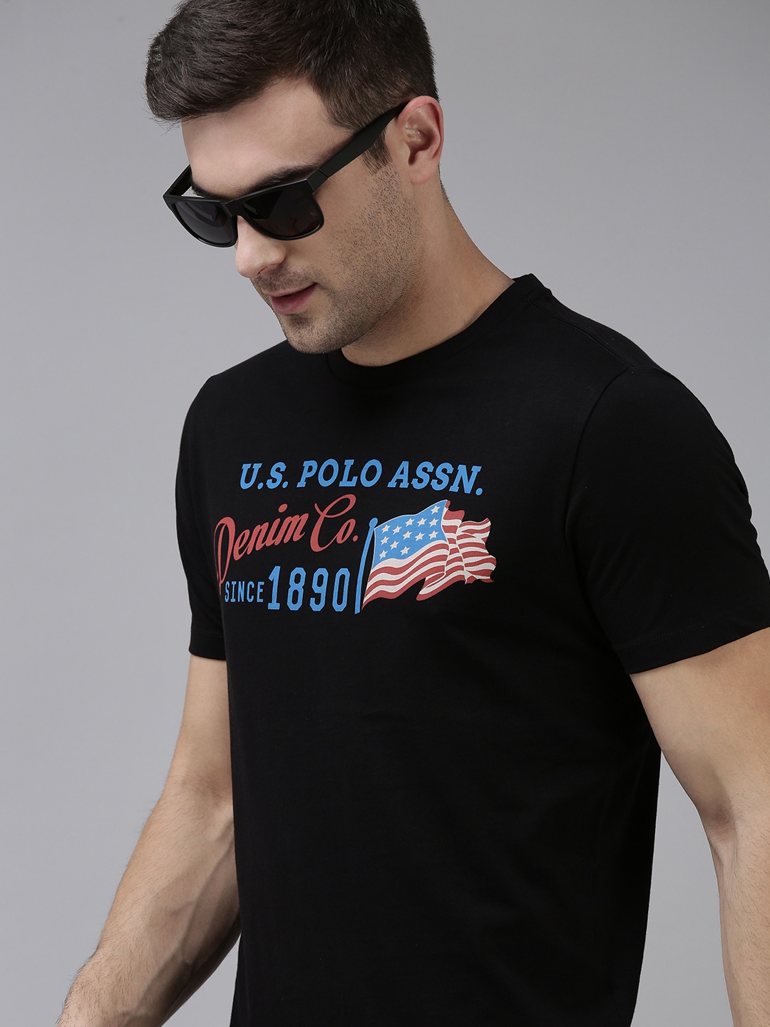 

U.S. Polo Assn. Denim Co. Men Black Brand Logo Printed Pure Cotton T-shirt