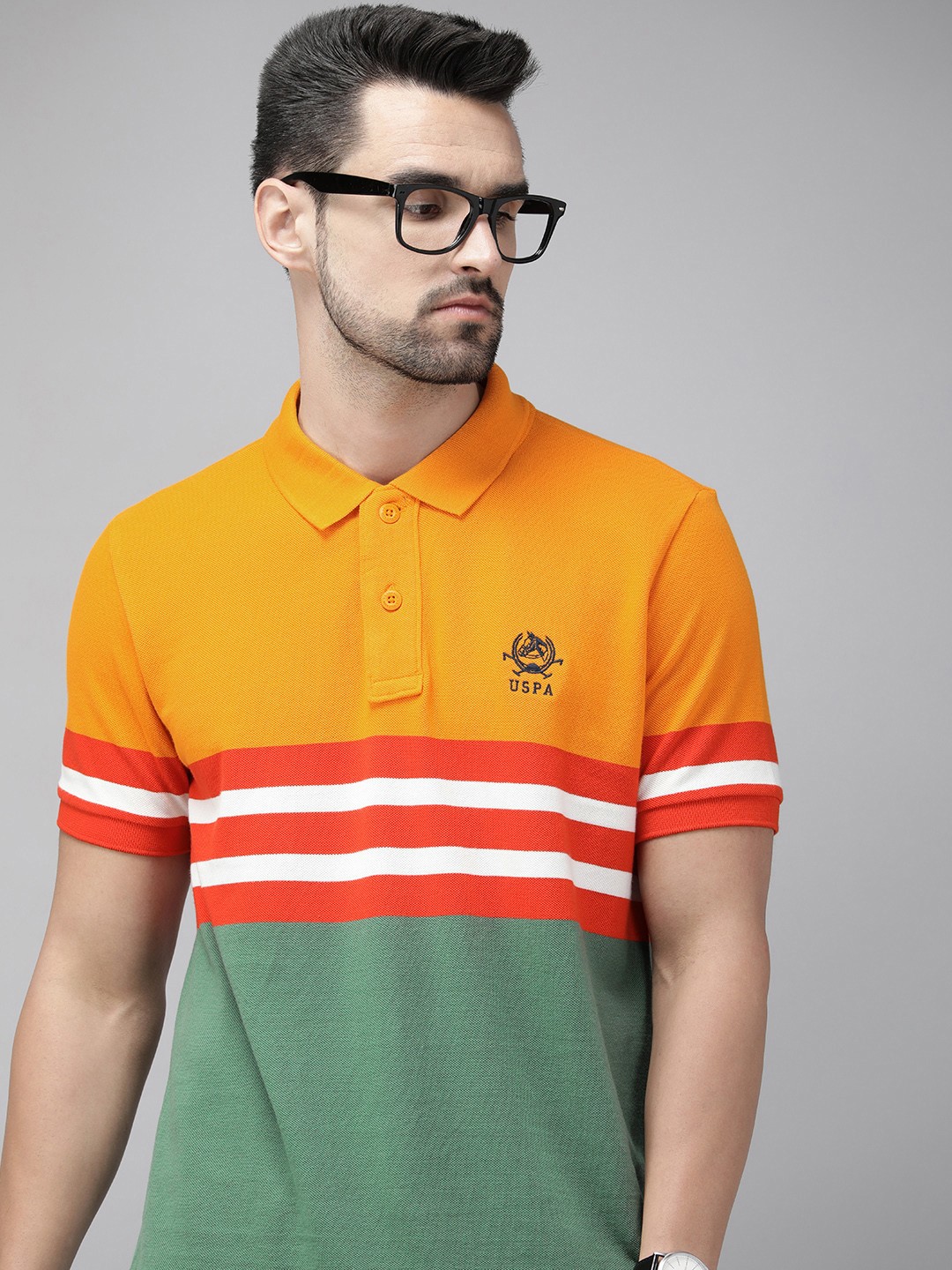 

U S Polo Assn Men Mustard Yellow & Olive Green Colourblocked Polo Collar Pure Cotton T-shirt