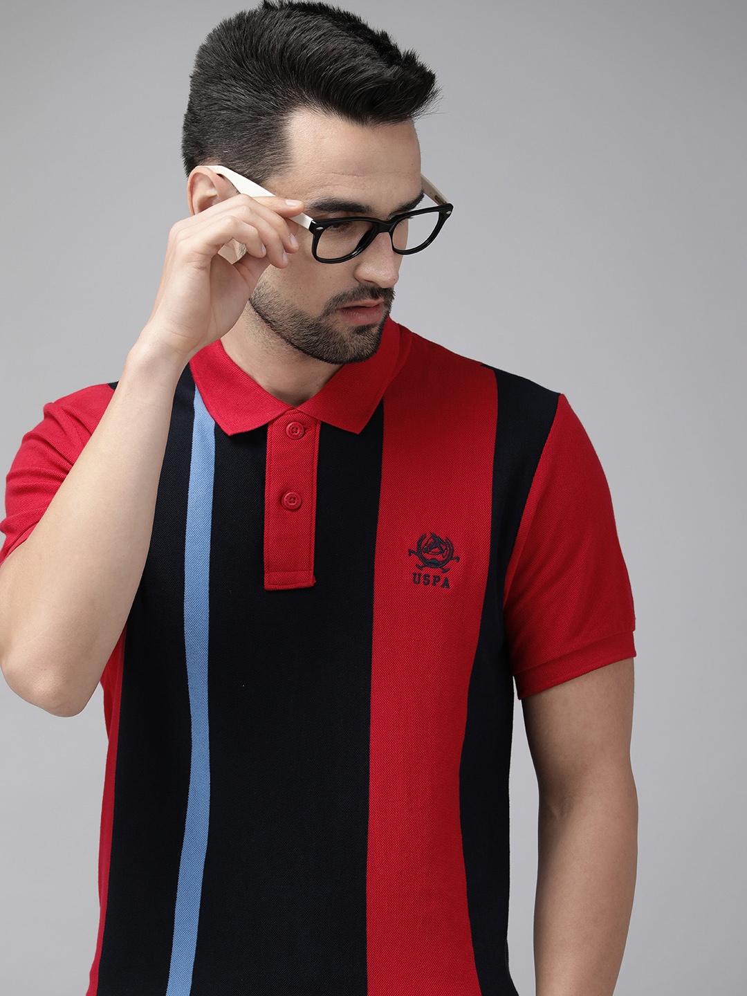 

U S Polo Assn Men Red & Navy Blue Colourblocked Polo Collar T-shirt